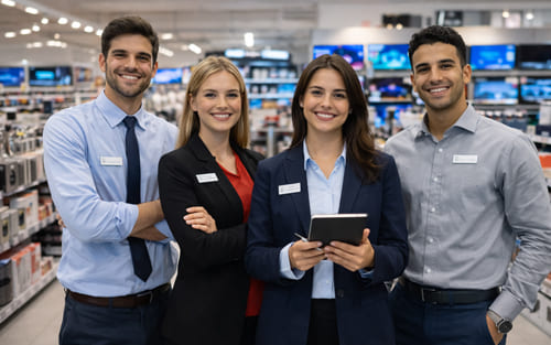 Equipo de vendedores trabajando en una tienda en la Suiza romanda