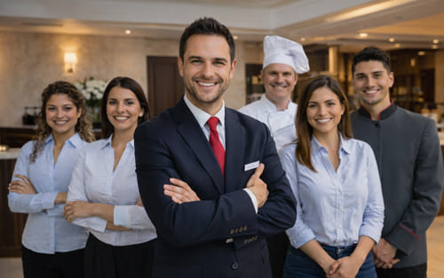 Equipo profesional de hostelería trabajando en un hotel en Suiza