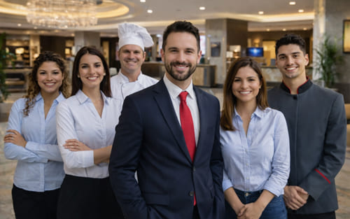 Professional hotel team working in a luxury hospitality environment in Switzerland